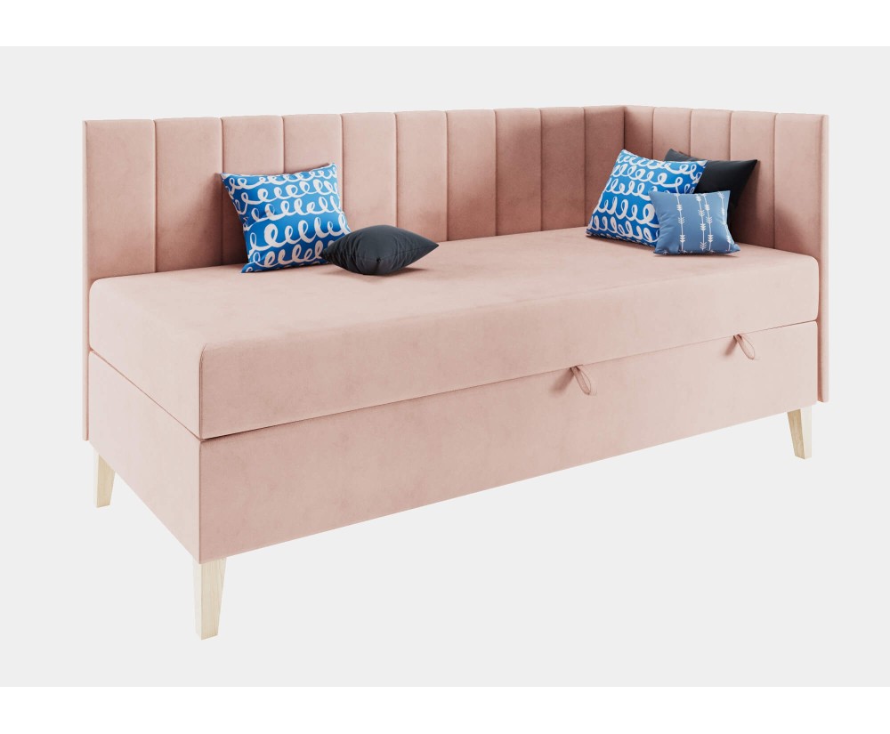 Singlebett 120x200 cm auf Holzfüßen, Kopfteil und Seitenblende mit vertikalen Nähten, INTARO A16
