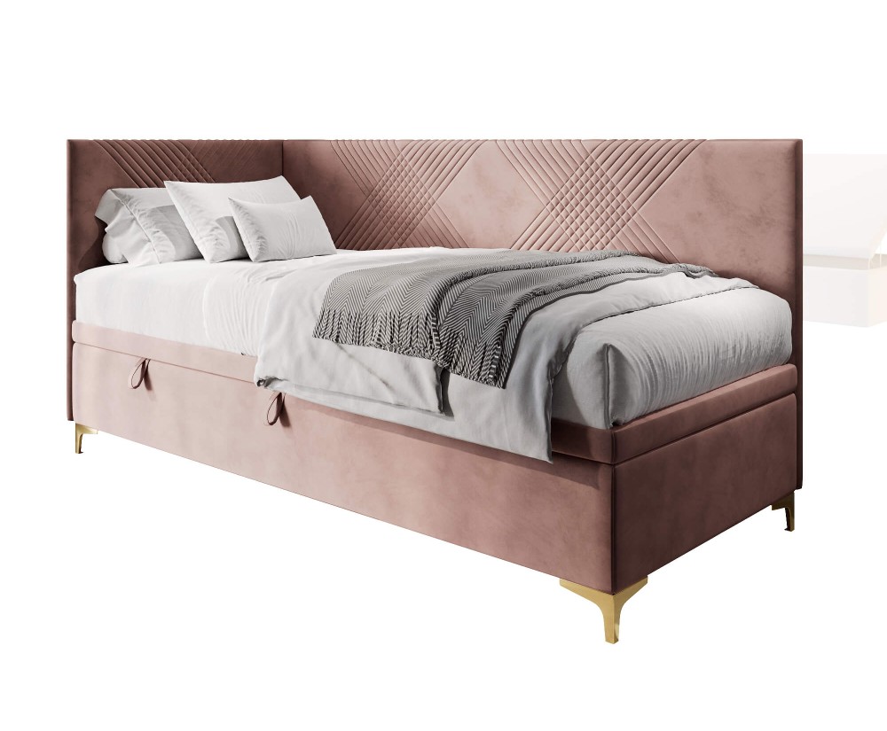 Modernes Jugendbett 80x200 cm mit Bettkasten, Nähte in X-Form, verchromte goldene Füße, MATRIX 1R Modernes Jugendbett 80x200 cm mit Bettkasten, Nähte in X-Form, verchromte goldene Füße, MATRIX 1R