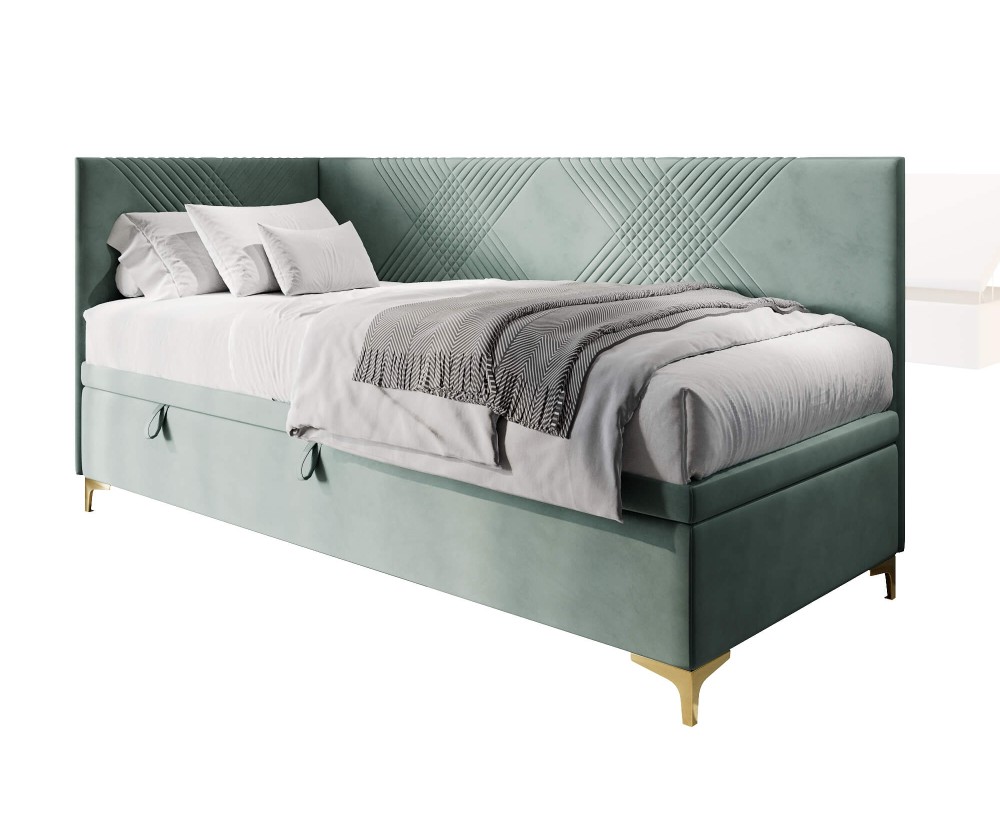 Modernes Jugendbett 80x200 cm mit Bettkasten, Nähte in X-Form, verchromte goldene Füße, MATRIX 1R