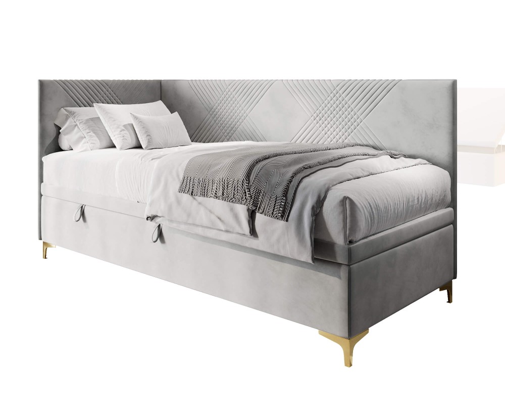 MATRIX 1R Schönes Einzelbett 90x200 cm mit Bettkasten, Nähte in X-Form, verchromte goldene Füße