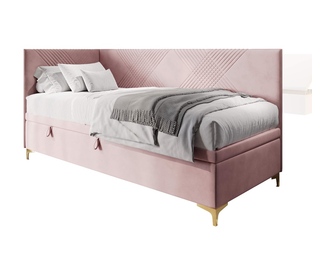 Schönes Eckbett 90x200 cm mit Bettkasten, Nähte in X-Form, verchromte goldene Füße, MATRIX 1R Schönes Eckbett 90x200 cm mit Bettkasten, Nähte in X-Form, verchromte goldene Füße, MATRIX 1R