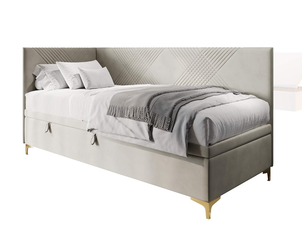 Schönes Eckbett 90x200 cm mit Bettkasten, Nähte in X-Form, verchromte goldene Füße, MATRIX 1R Schönes Eckbett 90x200 cm mit Bettkasten, Nähte in X-Form, verchromte goldene Füße, MATRIX 1R