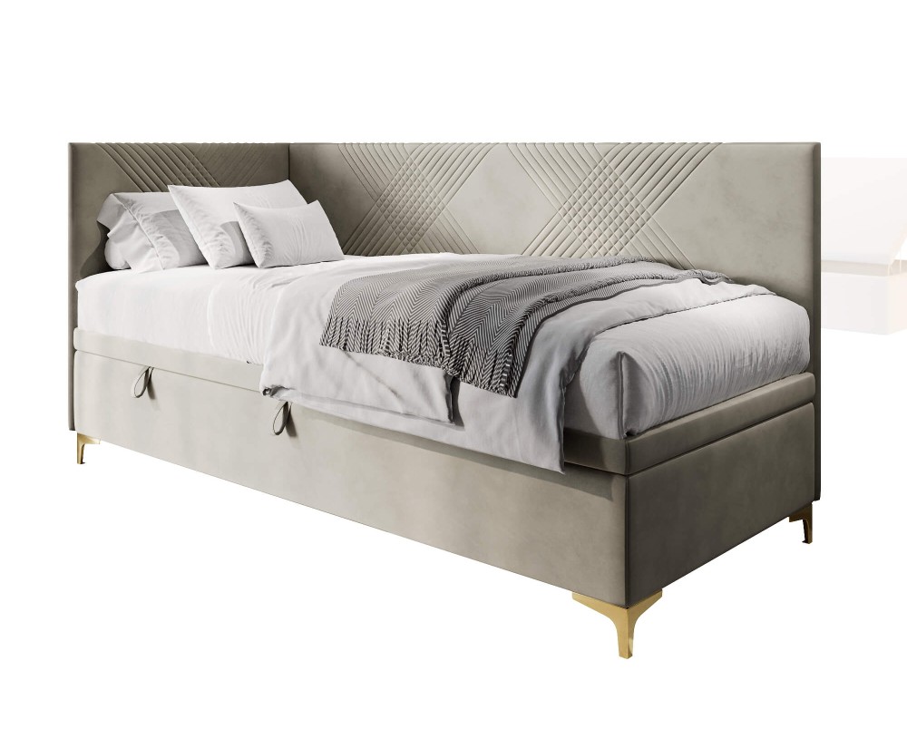 Schönes Eckbett 90x200 cm mit Bettkasten, Nähte in X-Form, verchromte goldene Füße, MATRIX 1R Schönes Eckbett 90x200 cm mit Bettkasten, Nähte in X-Form, verchromte goldene Füße, MATRIX 1R