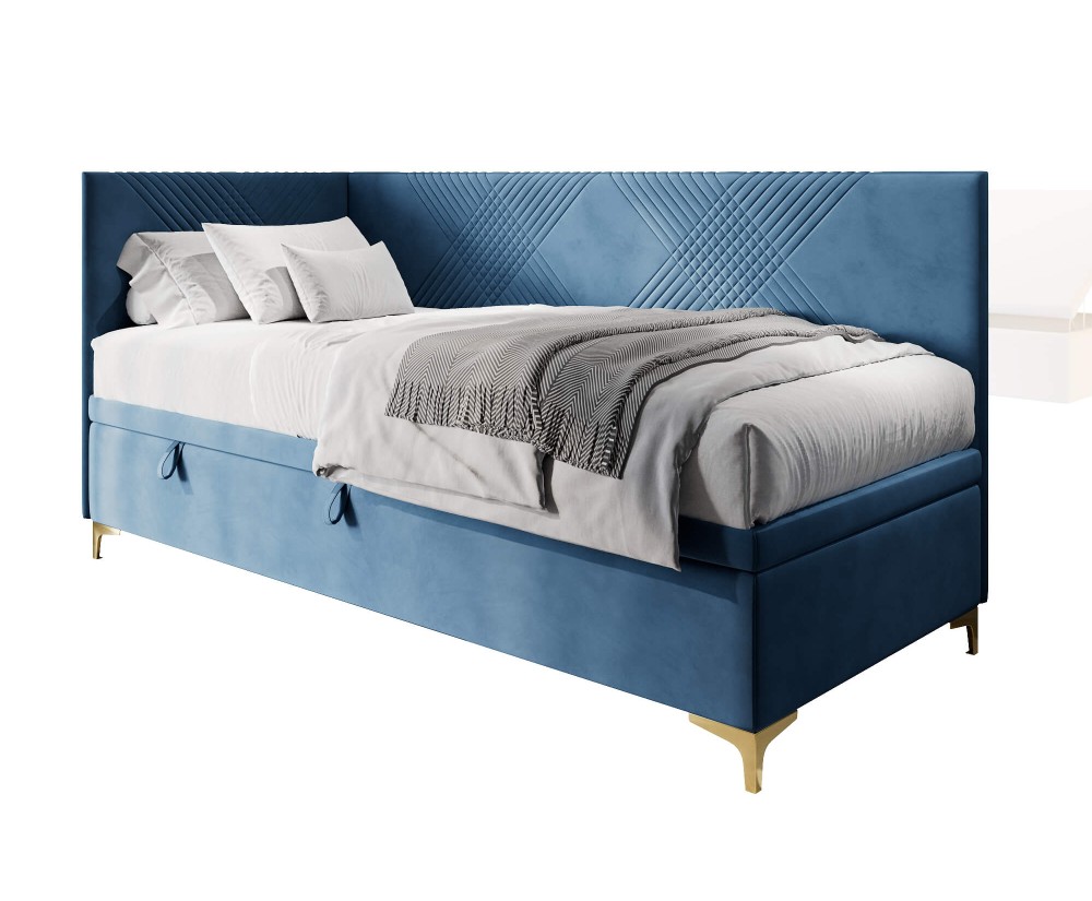 Schönes Eckbett 90x200 cm mit Bettkasten, Nähte in X-Form, verchromte goldene Füße, MATRIX 1R
