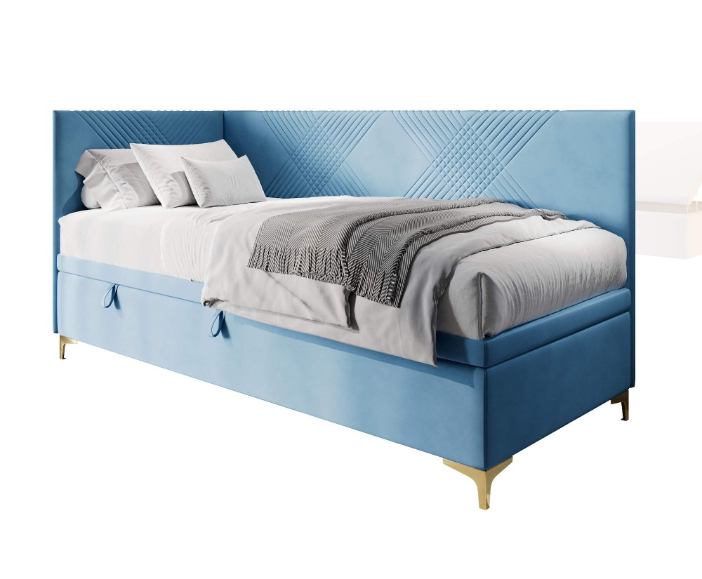 Schönes Eckbett 90x200 cm mit Bettkasten, Nähte in X-Form, verchromte goldene Füße, MATRIX 1R