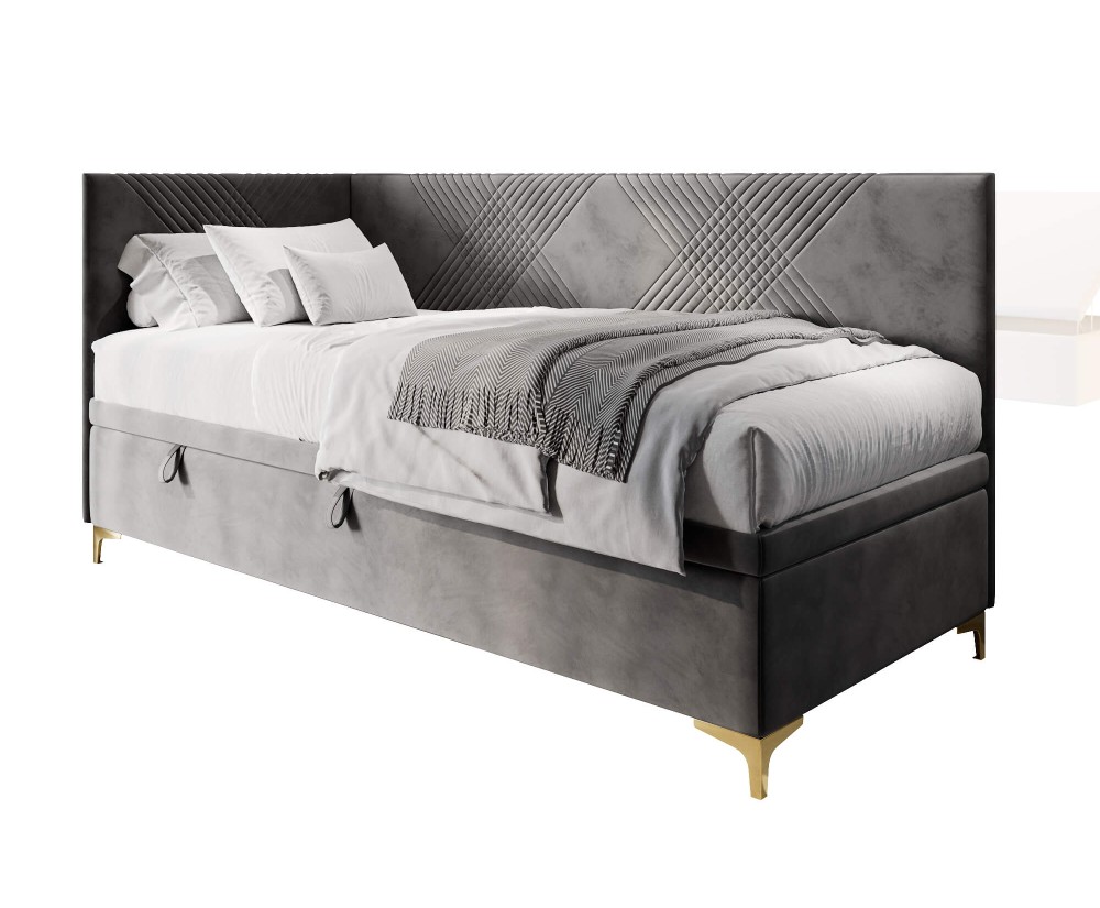 Elegantes Polsterbett 100x200 cm mit Stauraum, Nähte in X-Form, verchromte goldene Füße, MATRIX 1R