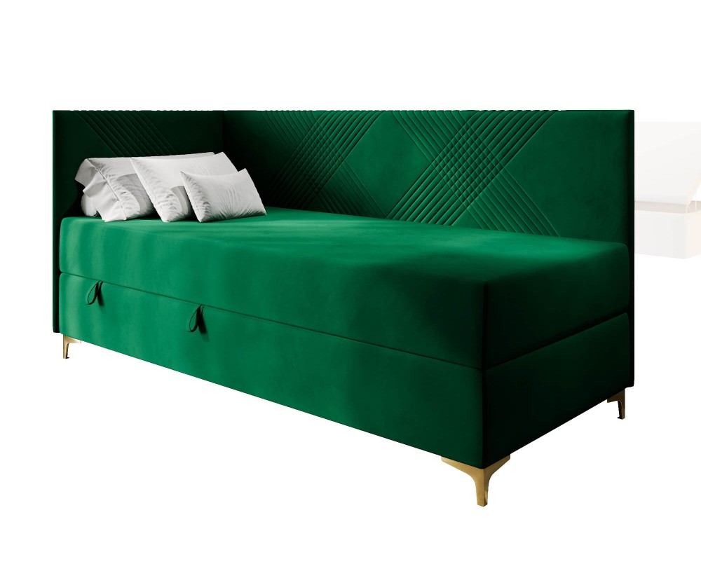 Bequemes Kinderbett 80x200 cm mit Bettkasten und Matratze, goldene Metallfüße, MATRIX 2M