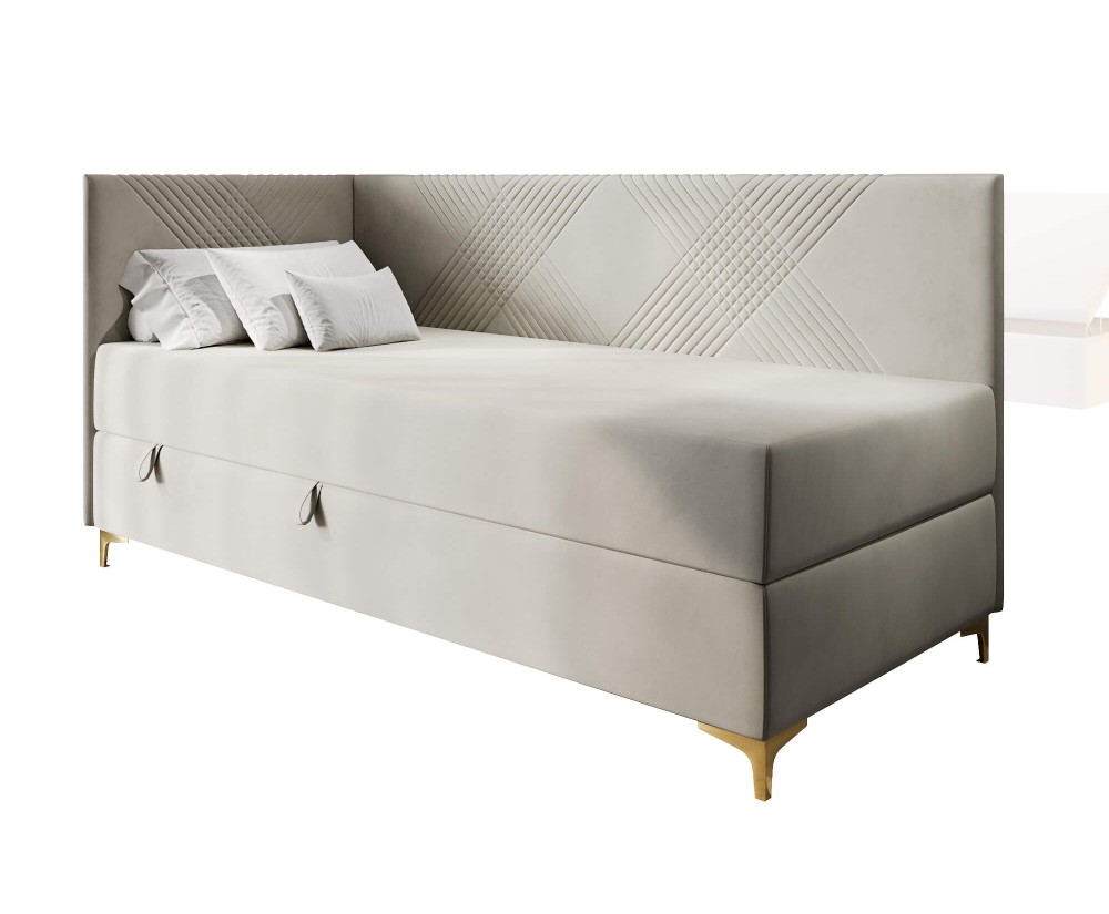 Bequemes Kinderbett 80x200 cm mit Bettkasten und Matratze, goldene Metallfüße, MATRIX 2M