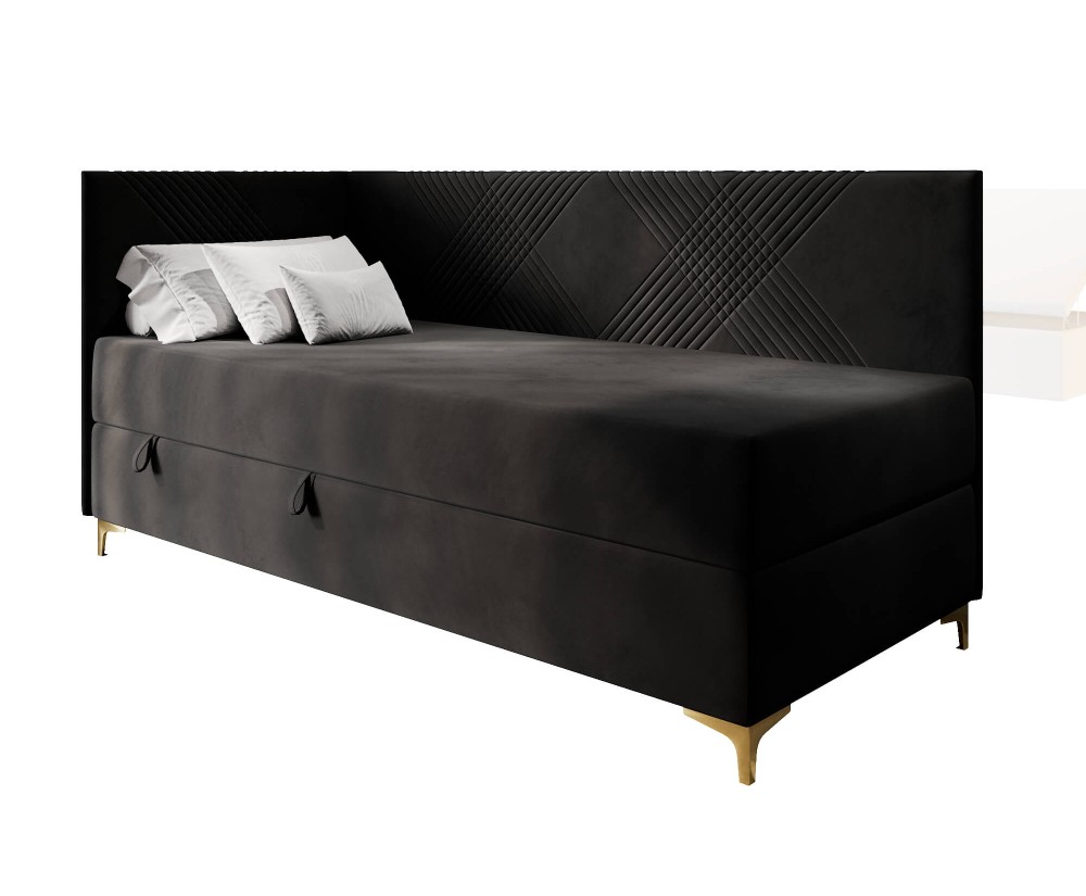 Jugendbett 90x200 cm mit Bettkasten und Matratze, goldene Metallfüße, MATRIX 2M