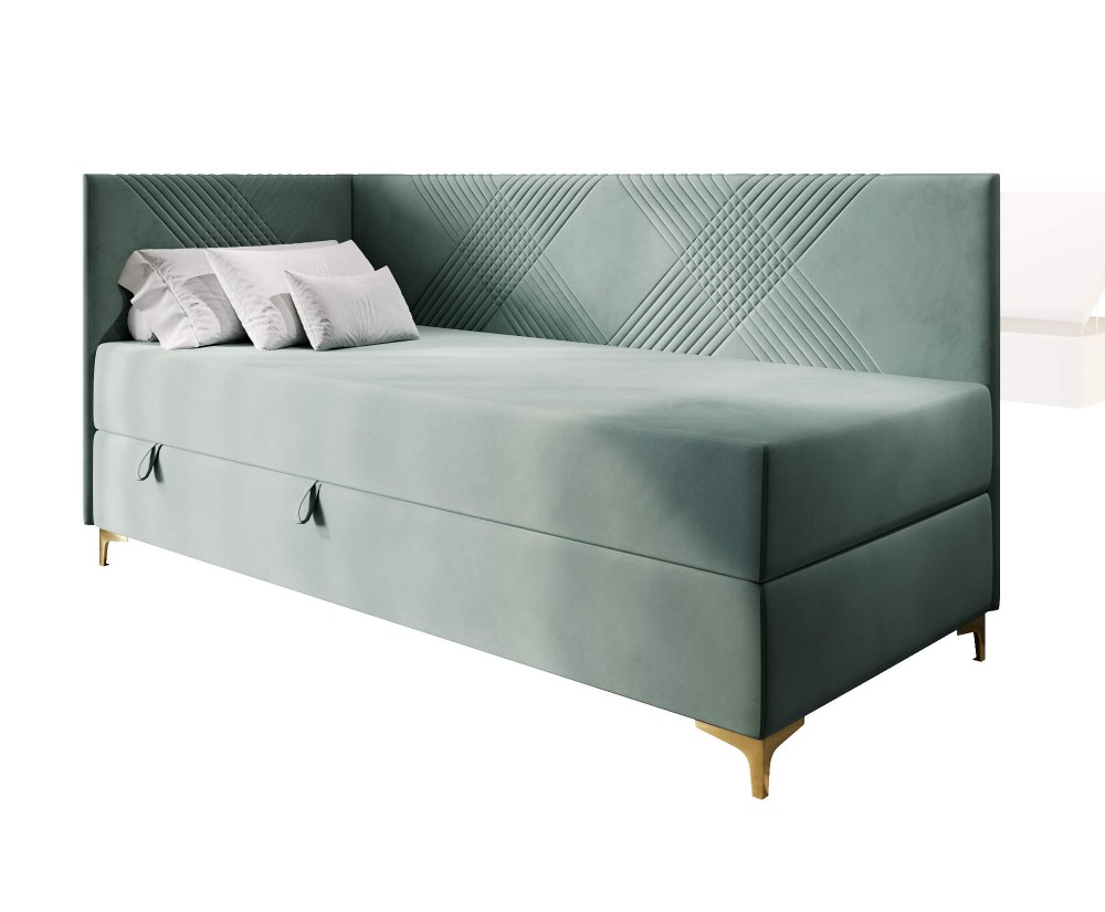 Jugendbett 90x200 cm mit Bettkasten und Matratze, goldene Metallfüße, MATRIX 2M