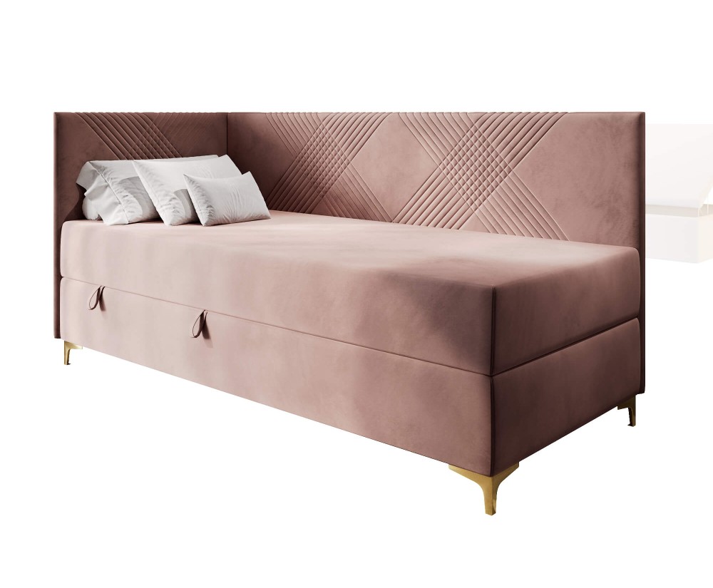 Einzelbett 100x200 cm mit Stauraum und Matratze, goldene Metallfüße, MATRIX 2M