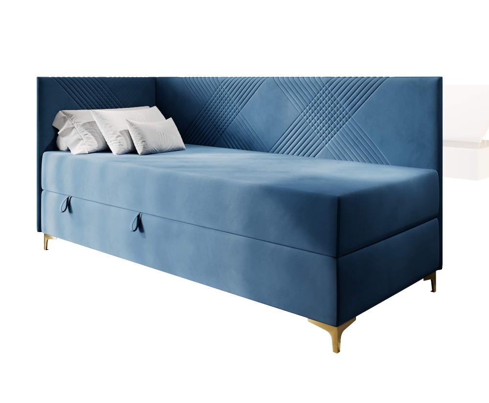 Einzelbett 100x200 cm mit Stauraum und Matratze, goldene Metallfüße, MATRIX 2M