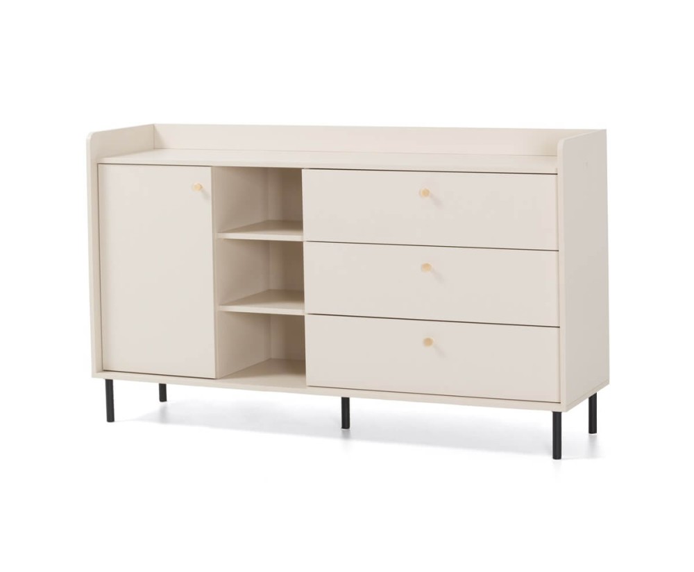 Niedrige Kommode Breite 153,5 cm mit Schubladen und offenen Fächern, Sandbeige mit Struktur, GRANDE GR5