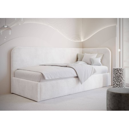 Polsterbett 90x200 cm mit Bettkasten und Lattenrost, im hellen Trendstoff Bouclé, MARIO SM 03
