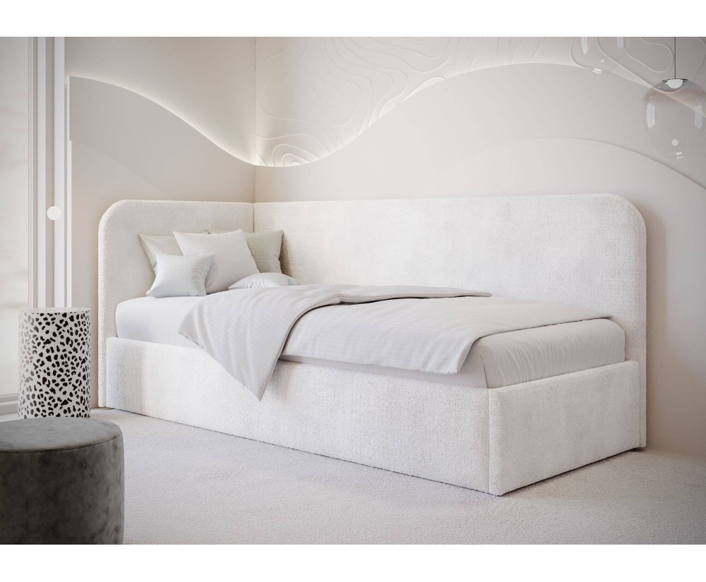 Jugendbett 100x200 cm mit Bettkasten und Lattenrost, im hellen Bouclé-Stoff, MARIO SM 03 Jugendbett 100x200 cm mit Bettkasten und Lattenrost, im hellen Bouclé-Stoff, MARIO SM 03