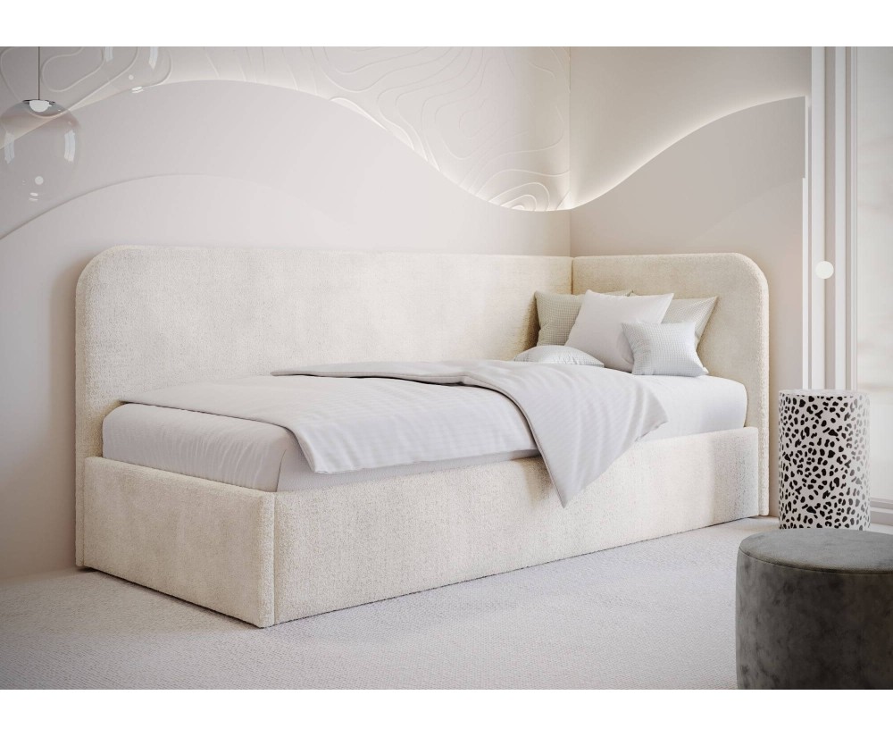 Jugendbett 100x200 cm mit Bettkasten und Lattenrost, im hellen Bouclé-Stoff, MARIO SM 03 Jugendbett 100x200 cm mit Bettkasten und Lattenrost, im hellen Bouclé-Stoff, MARIO SM 03