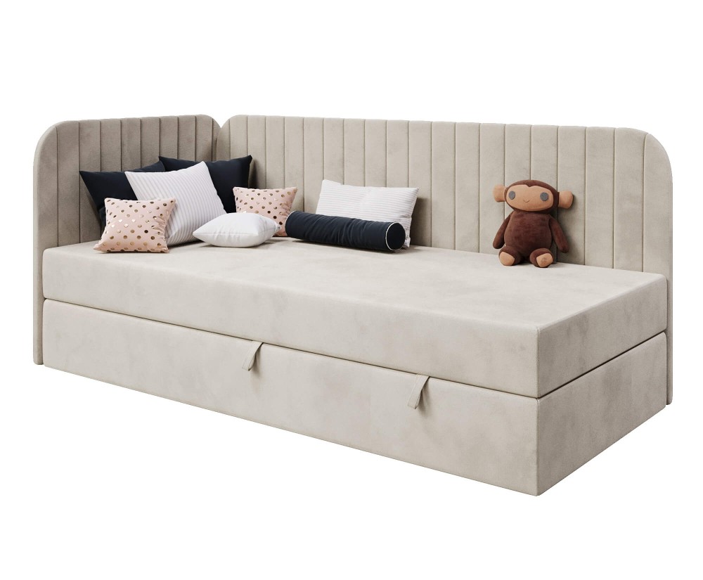 Eckbett 100x200 cm mit Bettkasten, abgerundete Seitenteile, INTARO A28