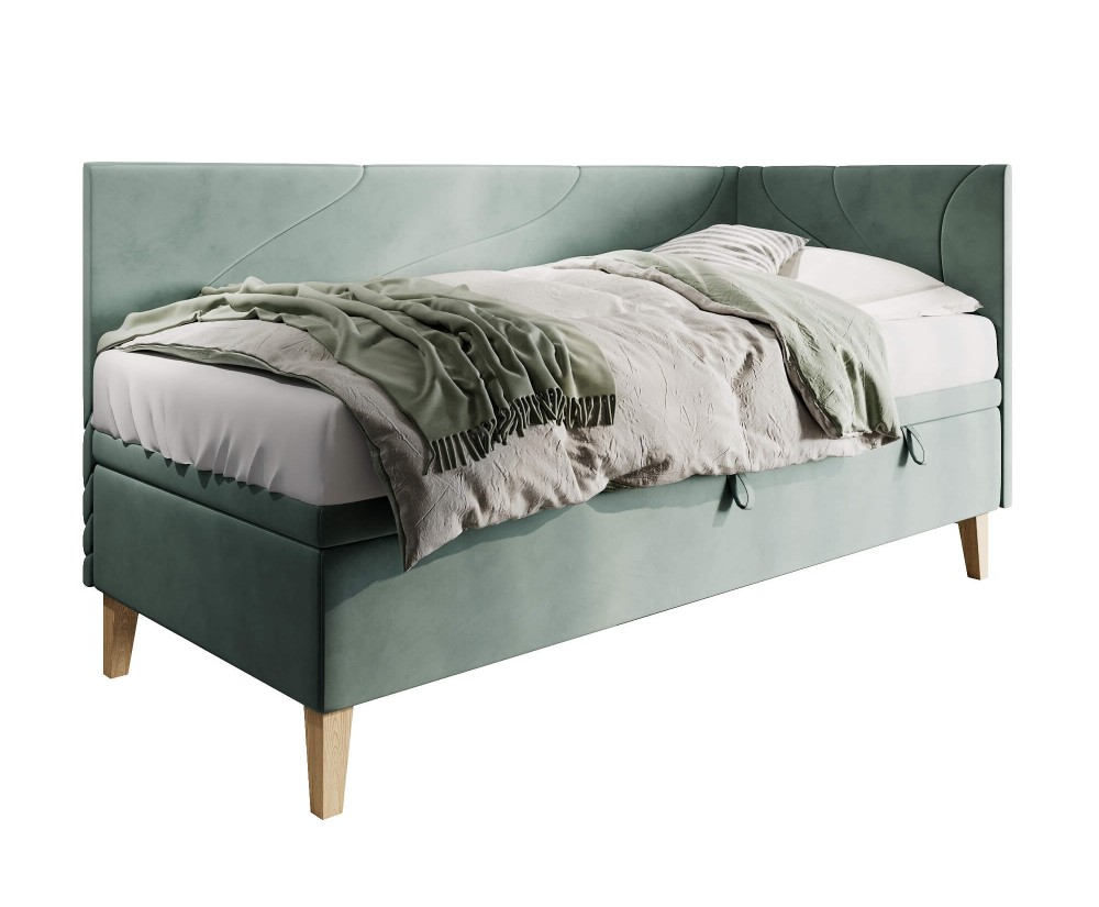 Einzelbett 100x200 cm, Polsterbett mit Bettkasten, Nähte in Wellenform, NEPTUN 1R