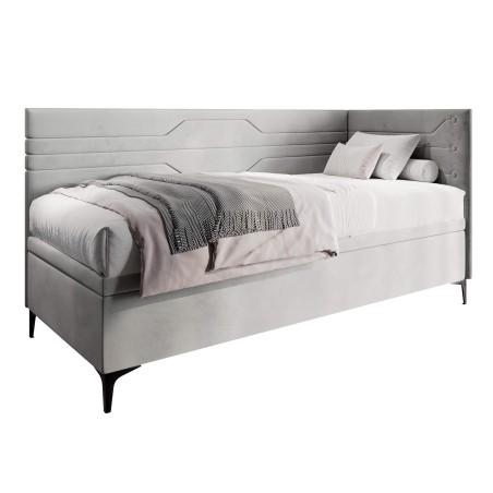 Einzelbett 80x200 cm, Jugendbett, Polsterbett mit Bettkasten, geometrisches Muster, PLAY 1R