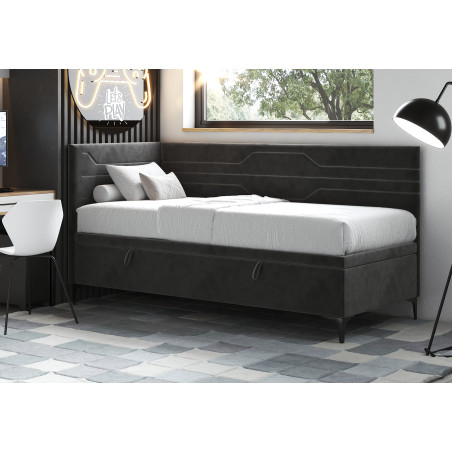 PLAY 1R Polsterbett 90x200 cm, Jugendbett, Einzelbett mit Bettkasten, geometrisches Muster