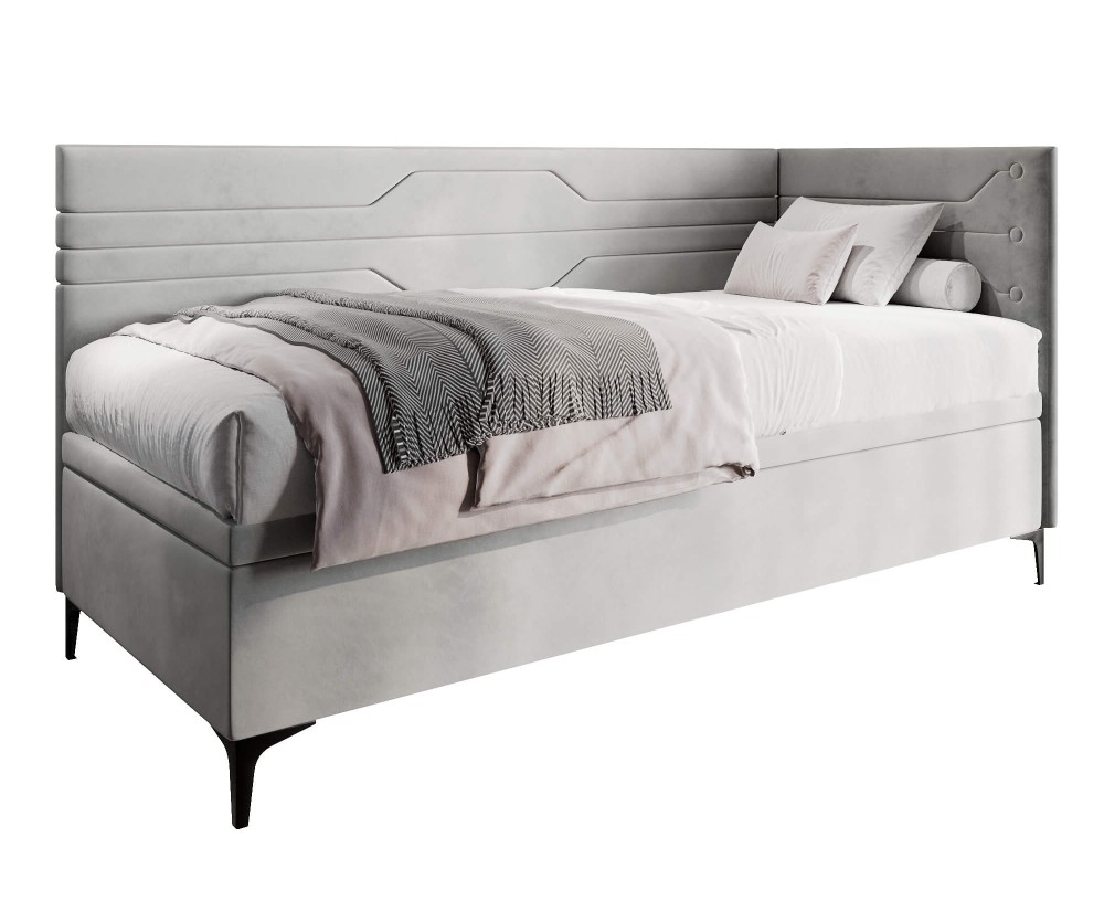 PLAY 1R Polsterbett 90x200 cm, Jugendbett, Einzelbett mit Bettkasten, geometrisches Muster