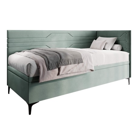 PLAY 1R Einzelbett 80x200 cm, Jugendbett, Polsterbett mit Bettkasten, geometrisches Muster