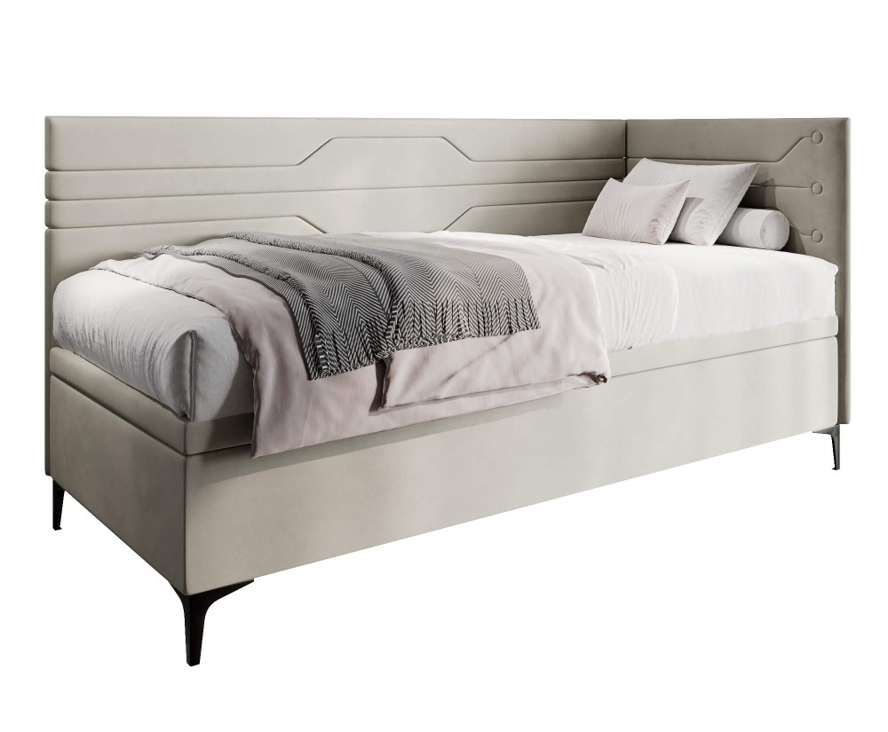Polsterbett 120x200 cm, Eckbett, Einzelbett mit Bettkasten, geometrisches Muster, PLAY 1R