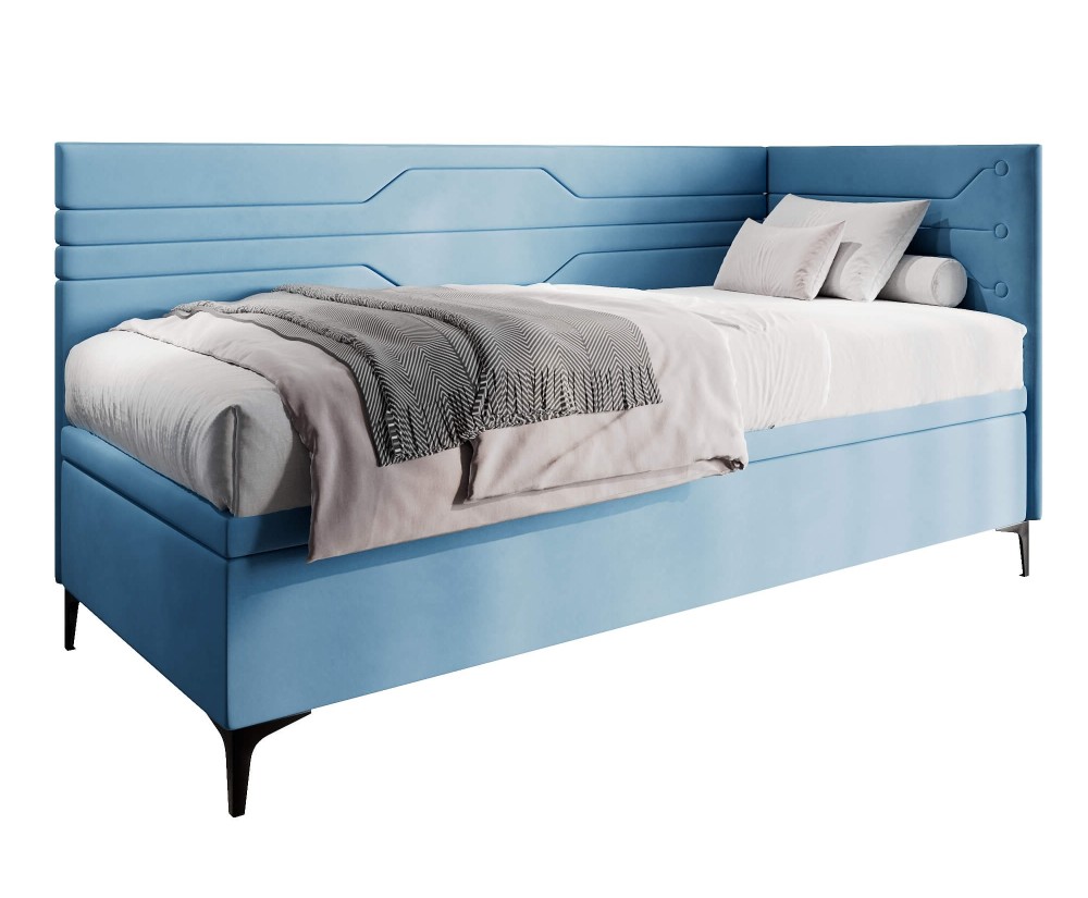 Polsterbett 120x200 cm, Eckbett, Einzelbett mit Bettkasten, geometrisches Muster, PLAY 1R