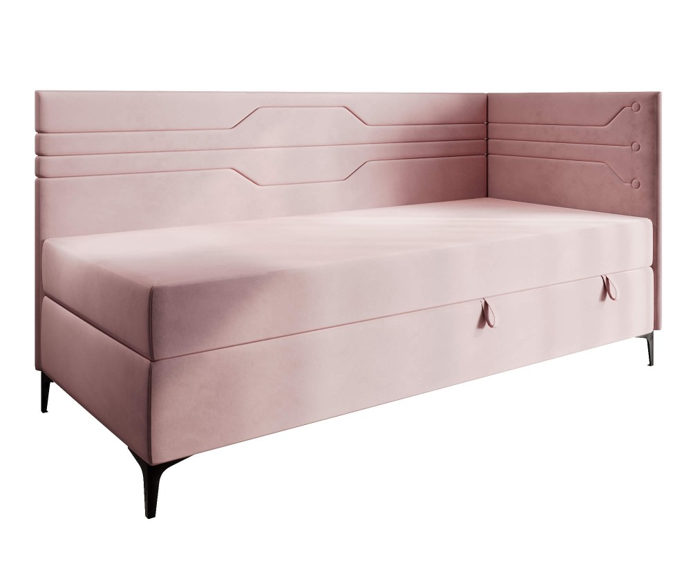 Einzelbett 80x200 cm, Jugendbett, Polsterbett mit Bettkasten und Matratze, geometrisches Muster, PLAY 2M