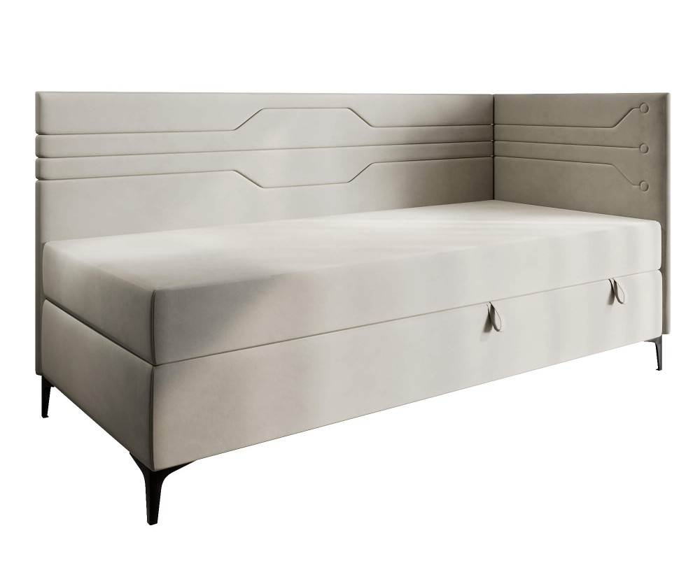 Einzelbett 80x200 cm, Jugendbett, Polsterbett mit Bettkasten und Matratze, geometrisches Muster, PLAY 2M