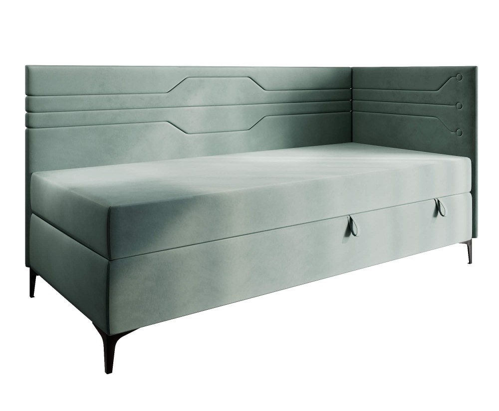 Einzelbett 80x200 cm, Jugendbett, Polsterbett mit Bettkasten und Matratze, geometrisches Muster, PLAY 2M