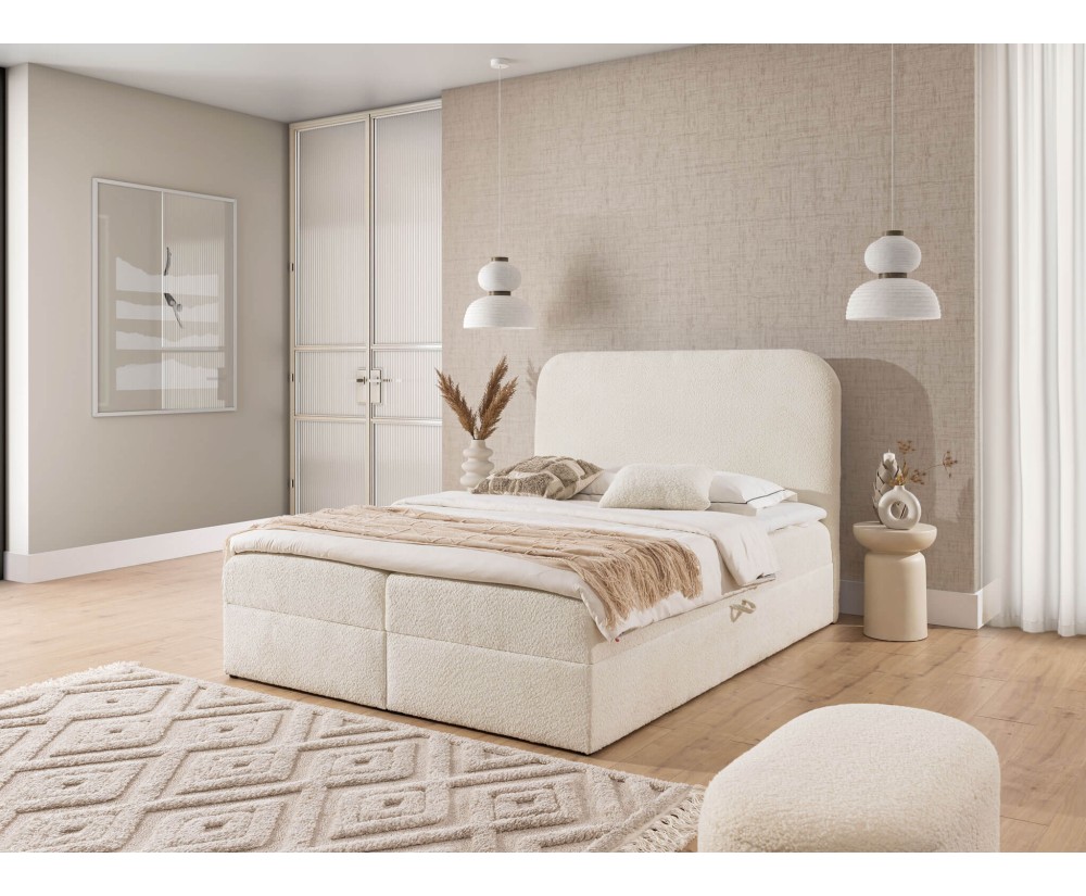Großes Kontinentalbett 200x200 cm mit Bettkasten, Boxspringbett, Boucle-Stoff, PRATO K31