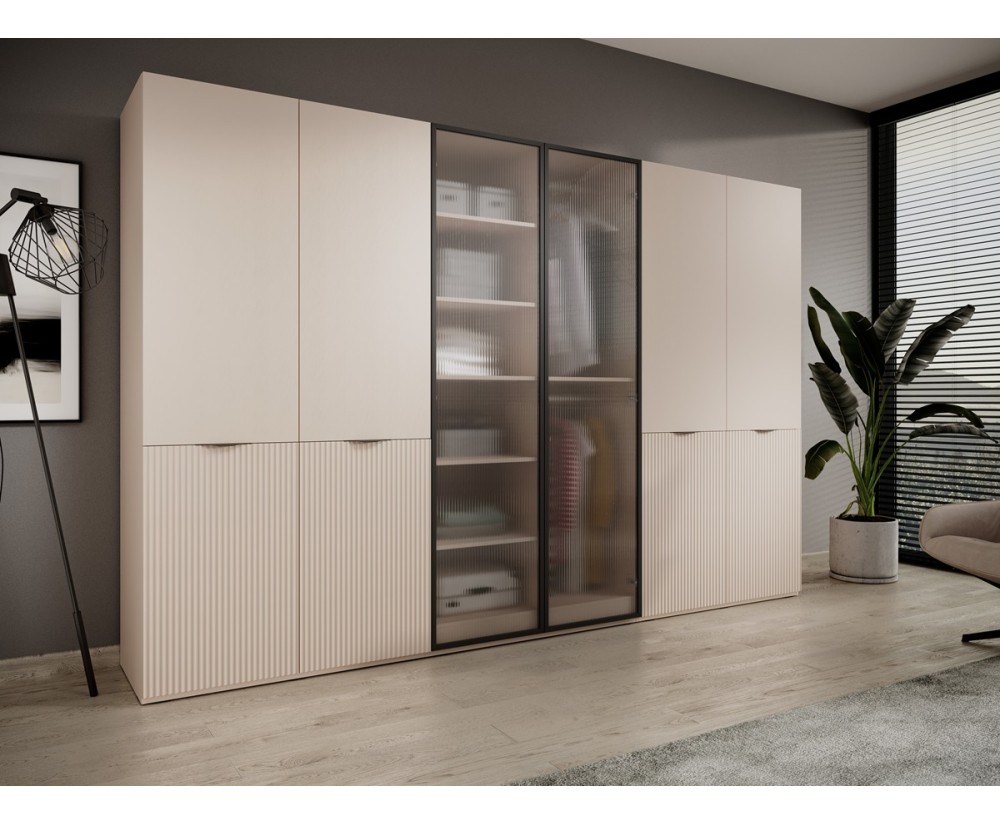 Großer modularer Drehtürenschrank Breite 303 cm, Kleiderschrank, Beige + geriffelte Glasfronten, SVENBOX-NF Großer modularer Drehtürenschrank Breite 303 cm, Kleiderschrank, Beige + geriffelte Glasfronten, SVENBOX-NF