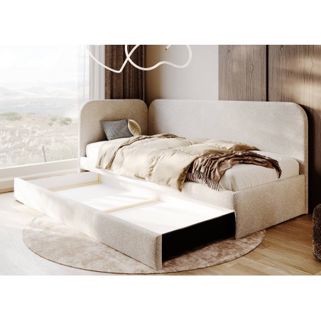 SARA Polsterbett 90x200 cm, Jugendbett, Einzelbett mit Schublade und abgerundeten Seitenteilen