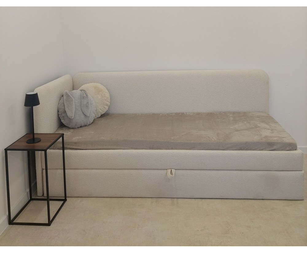 Polsterbett 70x200 cm LINKS, Jugendbett, Einzelbett mit Schublade und abgerundeten Seitenteilen, Stoff LOOP Elfenbein, SARA