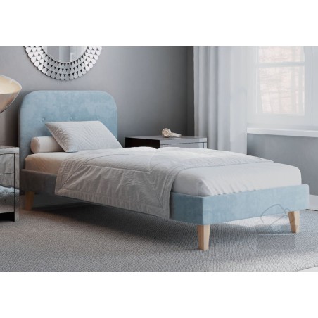 HAGE 1N Einzelbett 80x180 cm, Jugendbett, Hotelbett, Kopfteil mit Knopfsteppung, hölzerne Füße