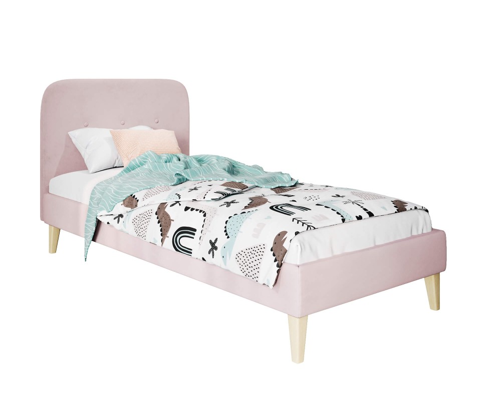Einzelbett 80x180 cm, Jugendbett, Hotelbett, Kopfteil mit Knopfsteppung, hölzerne Füße, HAGE 1N