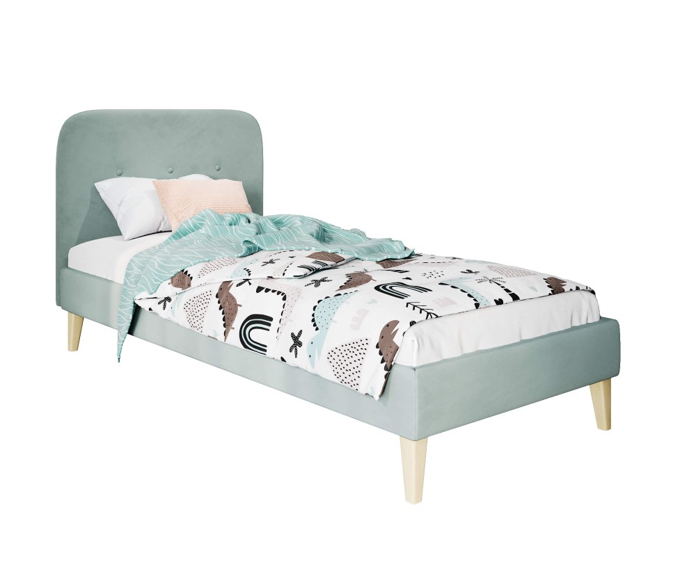 Einzelbett 80x180 cm, Jugendbett, Hotelbett, Kopfteil mit Knopfsteppung, hölzerne Füße, HAGE 1N