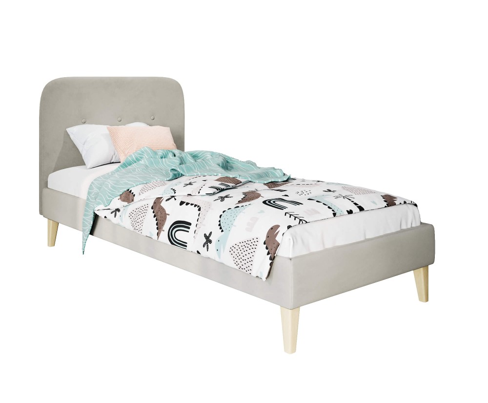 Einzelbett 80x180 cm, Jugendbett, Hotelbett, Kopfteil mit Knopfsteppung, hölzerne Füße, HAGE 1N