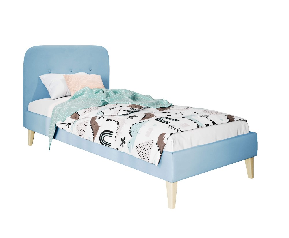 Einzelbett 80x180 cm, Jugendbett, Hotelbett, Kopfteil mit Knopfsteppung, hölzerne Füße, HAGE 1N
