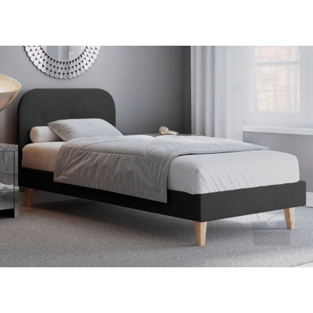 HAGE 1N Jugendbett 80x200 cm, Einzelbett, Hotelbett, Kopfteil mit Knopfsteppung, hölzerne Füße