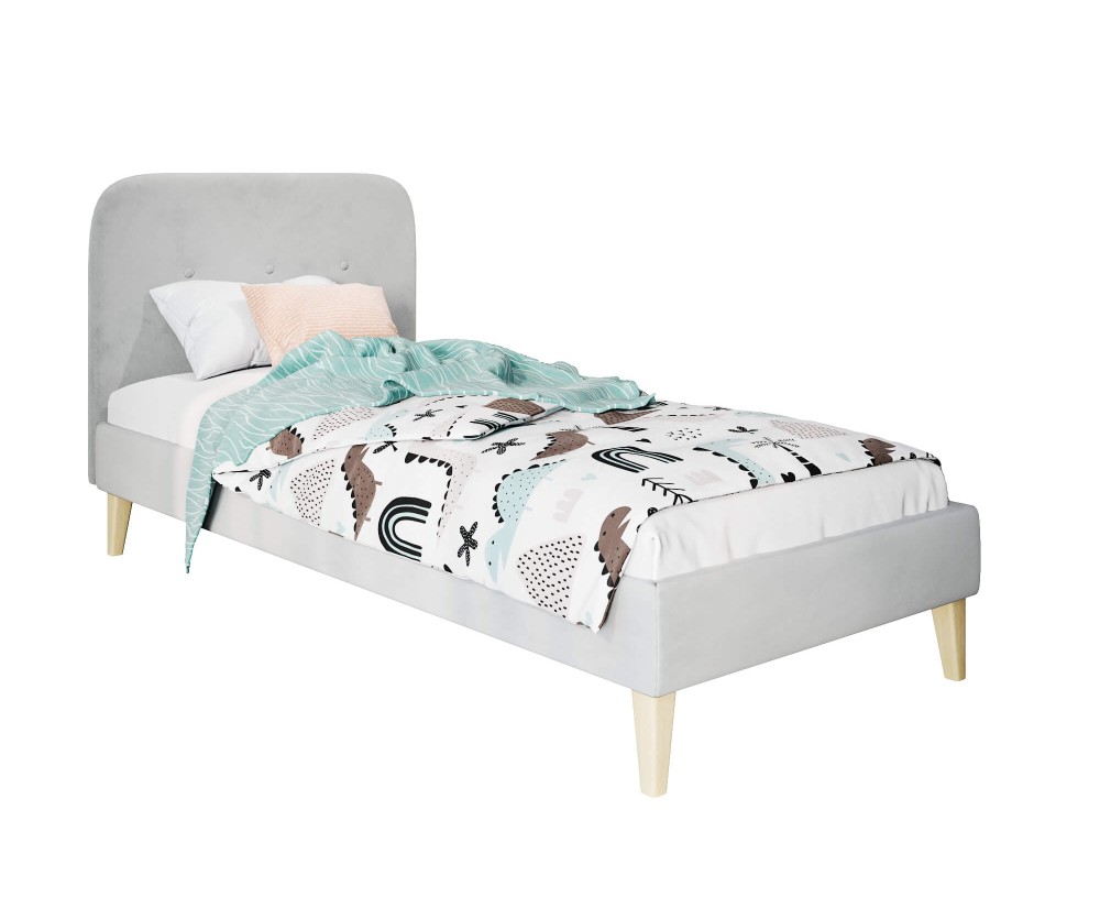 HAGE 1N Polsterbett 90x200 cm, Einzelbett, Hotelbett, Kopfteil mit Knopfsteppung, hölzerne Füße