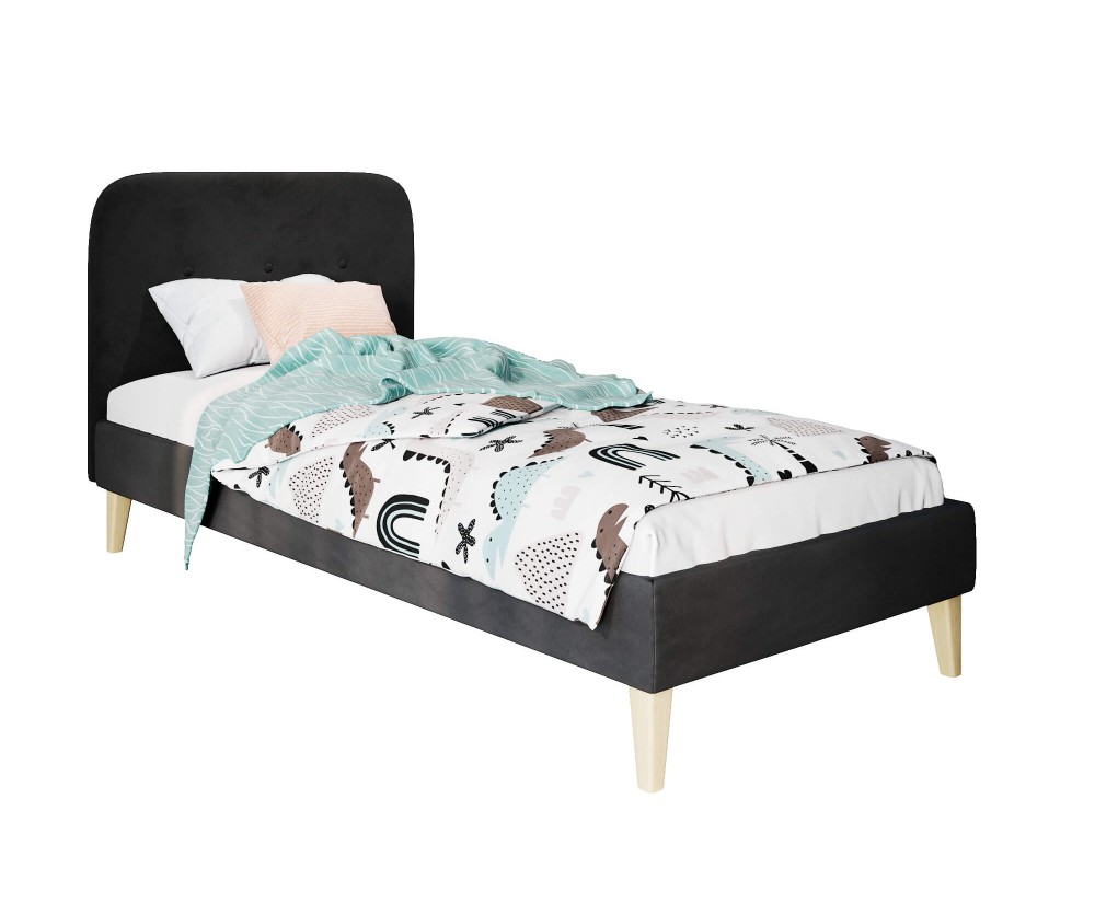 Hotelbett 100x200 cm, Einzelbett, Polsterbett, Kopfteil mit Knopfsteppung, hölzerne Füße, HAGE 1N