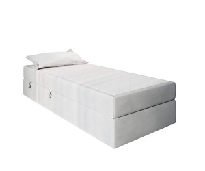 Einzelbett 80x200 cm für Dachschräge, Hotelbett mit Bettkasten und BONELL-Matratze, weißer Anti-Rutsch-Stoff, KLAUDIA 1M