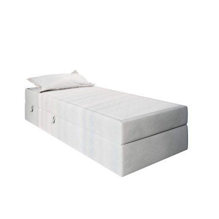 Einzelbett 80x200 cm für Dachschräge, Hotelbett mit Bettkasten und BONELL-Matratze, weißer Anti-Rutsch-Stoff, KLAUDIA 1M