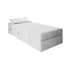 Einzelbett 80x200 cm für Dachschräge, Hotelbett mit Bettkasten und BONELL-Matratze, weißer Anti-Rutsch-Stoff, KLAUDIA 1M