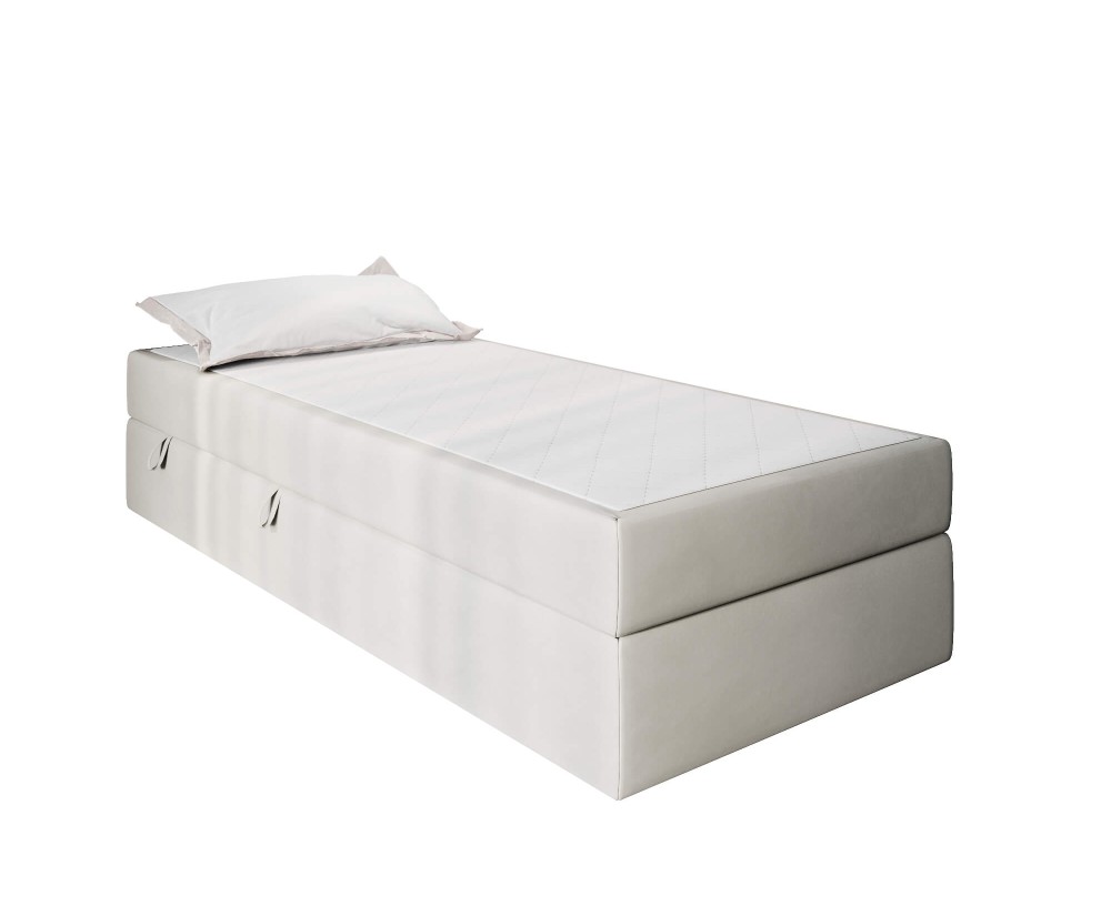 Einzelbett 80x200 cm für Dachschräge, Hotelbett mit Bettkasten und BONELL-Matratze, weißer Anti-Rutsch-Stoff, KLAUDIA 1M