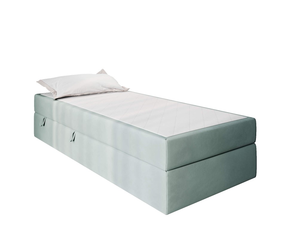 Einzelbett 80x200 cm für Dachschräge, Hotelbett mit Bettkasten und BONELL-Matratze, weißer Anti-Rutsch-Stoff, KLAUDIA 1M Einzelbett 80x200 cm für Dachschräge, Hotelbett mit Bettkasten und BONELL-Matratze, weißer Anti-Rutsch-Stoff, KLAUDIA 1M