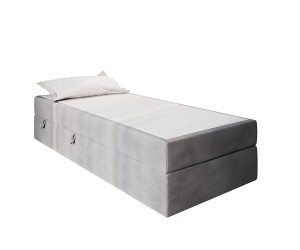 Einzelbett 80x200 cm für Dachschräge, Hotelbett mit Bettkasten und BONELL-Matratze, weißer Anti-Rutsch-Stoff, KLAUDIA 1M