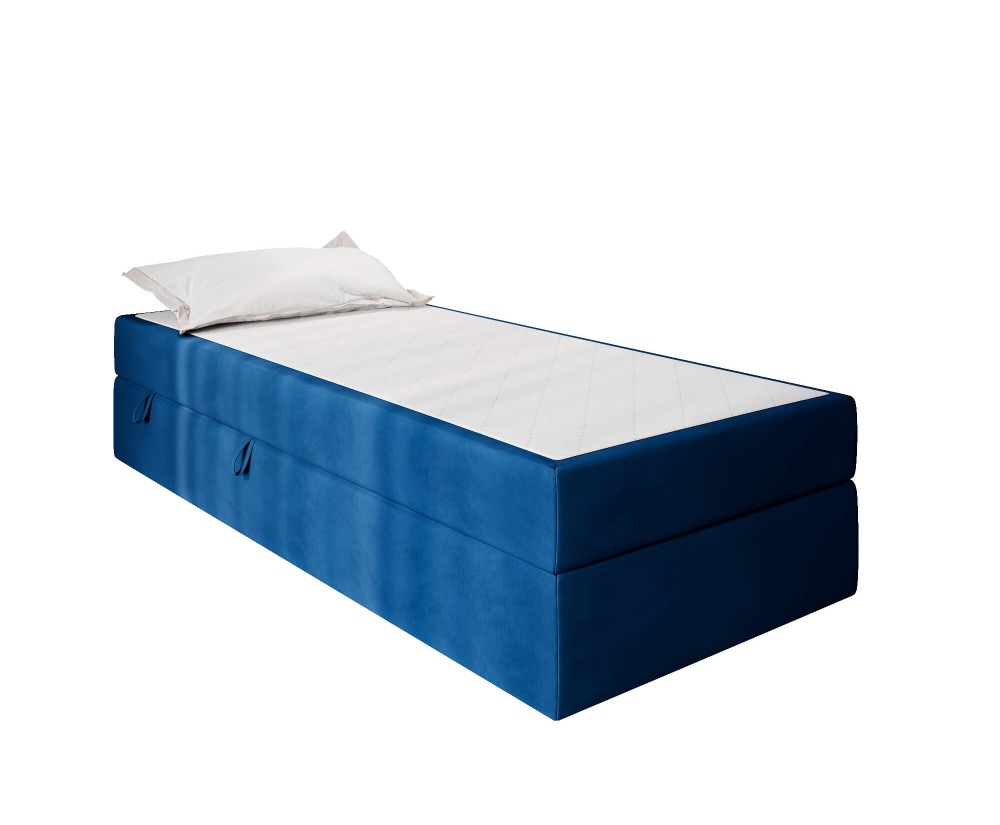 Bett 100x200 cm für Dachschräge, Einzelbett mit Bettkasten und BONELL-Matratze, weißer Anti-Rutsch-Stoff, KLAUDIA 1M